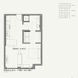 A floor plan of a studio apartment with a living room, kitchen, and bathroom.