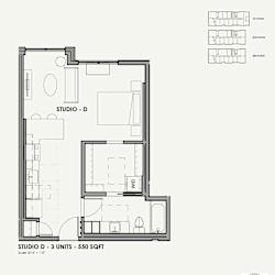 A floor plan of a studio apartment with 3 units, each with 550 square feet of space.