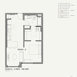 A floor plan of a studio apartment with a kitchen, living room, and bathroom.