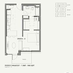 A black and white drawing of a studio apartment layout.