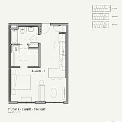 A floor plan of a studio apartment with a kitchen, living room, and bathroom.