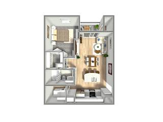 A 3D floor plan of a small apartment with a kitchen, living room, and bedroom.
