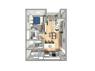 A 3D floor plan of a small apartment with a kitchen, living room, and bathroom.