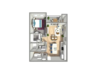 A 3D floor plan of a small apartment with a kitchen, living room, and bedroom.
