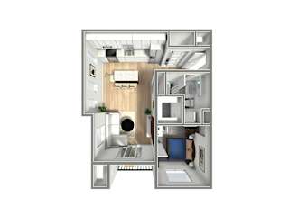 A 3D floor plan of a small apartment with a kitchen, living room, and bathroom.