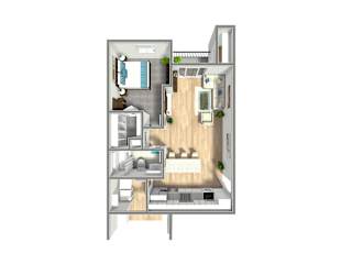 A 3D floor plan of a small apartment with a kitchen, living room, and bedroom.