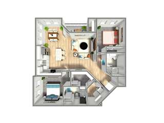 A 3D floor plan of a small apartment with a kitchen, living room, and bedroom.