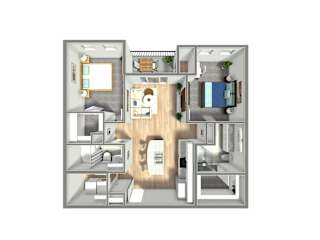 A 3D floor plan of a house with a kitchen, living room, and bedrooms.