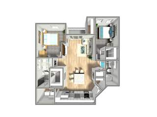 A 3D rendered image of a house layout.