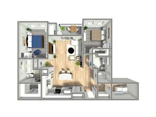 A 3D floor plan of a house with a kitchen, living room, and bathroom.