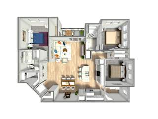 A 3D floor plan of a house with a kitchen, living room, dining room, and bedrooms.