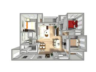A 3D rendered image of a modern house layout.