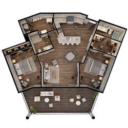 3d floor plan of a house with a bedroom and a living room