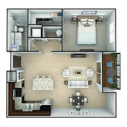 A 3D floor plan of a house showing a kitchen, living room, dining room, and bedrooms.
