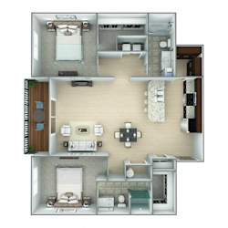 A 3D floor plan of a small apartment with a kitchen, living room, and two bedrooms.