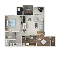 A floor plan of a house with a living room, dining room, kitchen, and two bedrooms.