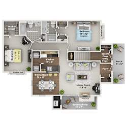 A floor plan of a house with a living room, dining room, kitchen, and multiple bedrooms.