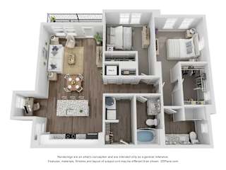 A 3D floor plan of a house showing a kitchen, living room, and bathroom.