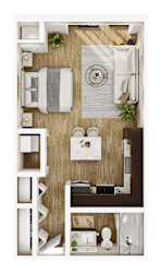 A top-down view of a small, neatly organized bedroom with a bed, desk, and chair.