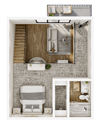A top-down view of a bathroom with a toilet, sink, and shower area.