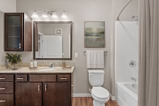 A bathroom with a white toilet, a sink, a mirror, and a bathtub.