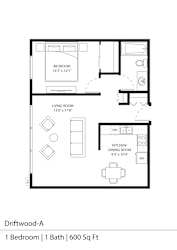 Driftwood Floor Plan at Silver Lake, New Brighton, MN 1  Bed   1  Bath   600 Sq. Ft.