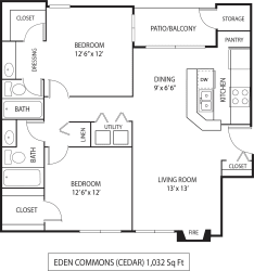 2  Bed   2  Bath   1,032 Sq. Ft. | Cedar Floor Plan at Eden Commons, Eden Prairie