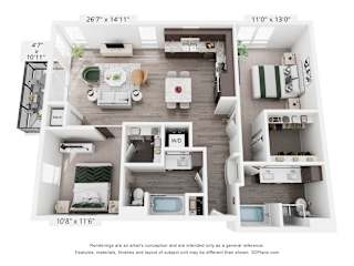 A 3D floor plan of a two-bedroom apartment with a kitchen, living room, and bathroom.