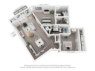 A 3D floor plan of a house with a kitchen, living room, and two bedrooms.