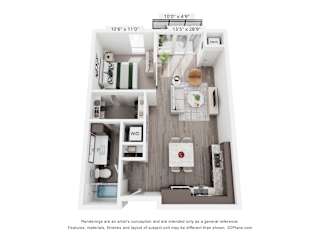 A 3D floor plan of a small apartment with a kitchen, living room, and bathroom.