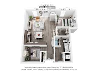 A 3D floor plan of a small apartment with a kitchen, living room, and bathroom.