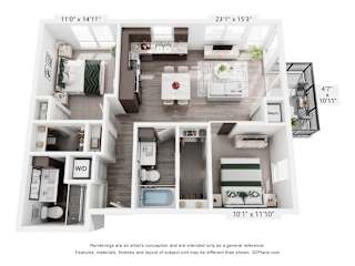 A 3D floor plan of a small apartment with a kitchen, living room, and bathroom.