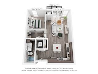A 3D floor plan of a small apartment with a kitchen, living room, and bathroom.
