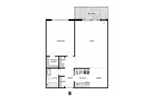 A floor plan of a house with a balcony, bedroom, living room, kitchen, dining room, bathroom, and entry.
