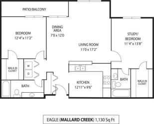 2 Bedroom 2 Bathroom 1,130 Sq. Ft. | Eagle Floor Plan at Mallard Creek Apartments in Golden Valley, MN