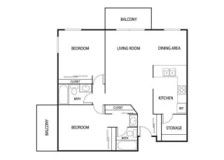 2 Bedroom 2 Bath 1,049 Sq. Ft. Maple Floor Plan at Valley Pond Apartments in Apple Valley, MN