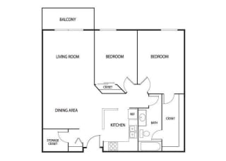 2 Bedroom 2 Bath 990 Sq. Ft. Pine Floor Plan at Valley Pond Apartments in Apple Valley, MN