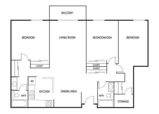 3 Bedroom 2 Bath 1,232 Sq. Ft. Willow Floor Plan at Valley Pond Apartments in Apple Valley, MN