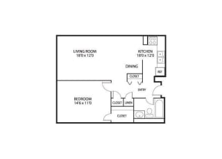 1  Bed   1  Bath   670 Sq. Ft. Browndale Floor Plan at The Edina Towers, Edina, MN
