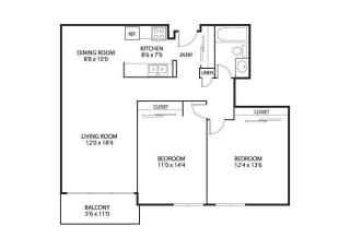 2  Bed   1  Bath   970 Sq. Ft. McGuire & Fox Meadow Floor Plan at The Edina Towers, Edina, MN, 55435