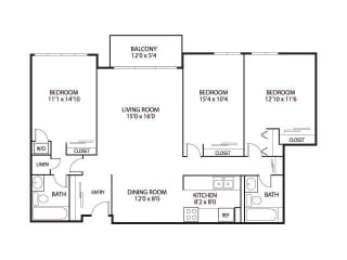3  Bed   2  Bath   1,360 Sq. Ft. Tingdale Floor Plan at The Edina Towers, Edina, MN, 55435