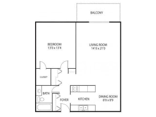 1 Bedroom 1 Bathroom 848 Sq. Ft. | Sunny Floor Plan at Medicine Lake Apartments in Plymouth, MN