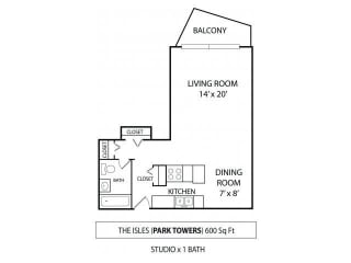 The Isles Floor Plan at Park Towers Apartments in St. Louis Park, MN Studio 1  Bath   600 Sq. Ft.