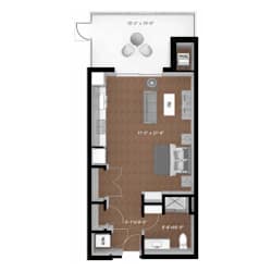 A floor plan of an apartment with a living room, kitchen, and two bedrooms.