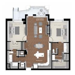 A floor plan of an apartment with a living room, dining room, kitchen, and two bedrooms.