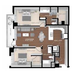 A floor plan of a two-bedroom apartment with a living room, dining room, kitchen, and bathroom.