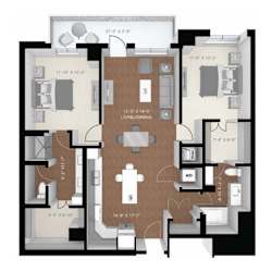 A floor plan of a house with a living room, dining room, kitchen, and two bathrooms.