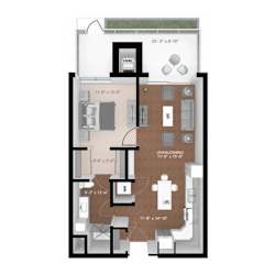 A floor plan of a two-bedroom apartment with a living room, kitchen, and bathroom.