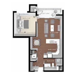 A floor plan of a house with a kitchen, living room, and two bedrooms.