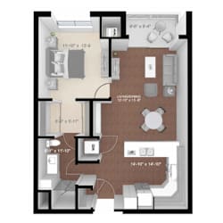 A floor plan of an apartment with a living room, dining room, kitchen, and bathrooms.